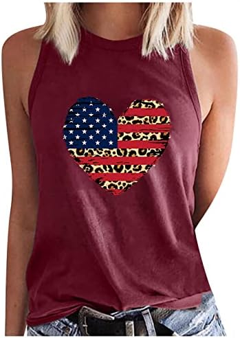 Tampa de tanque de bandeira americana fofa para mulheres de verão, camisetas com leopardo de leopardo casual, leopardo