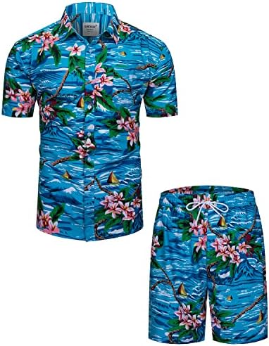 TUNEVUSE Mens Hawaiiano Manga curta Ternos de camisa Flower Print Suit