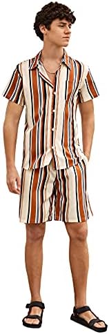 Milumia Men's 2pcs Roupeta de cor colorblock de botão listrado camisa de colarinho e shorts