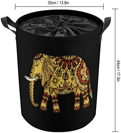 Decorado Indian Elephant Round Roundry Saco de armazenamento à prova d'água com tampa de cordão e alça