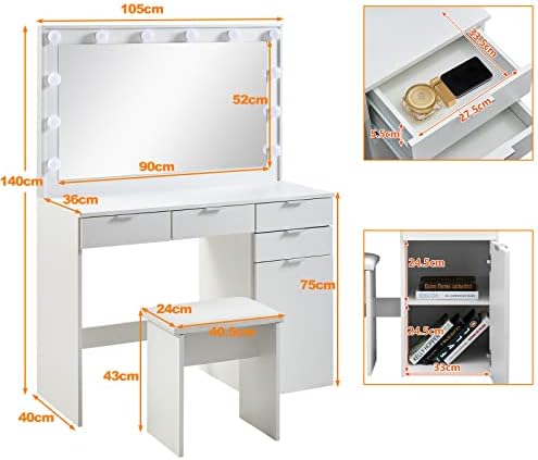 Tukailai Grande Desk Vanity Set com 3 cor Ajustável espelho iluminado LED e fezes macias, penteadeira de maquiagem com 4 gavetas e