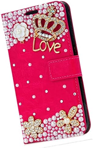 Fairy Art Crystal Cartlet Caixa de telefone Compatível com Samsung Galaxy S23 Plus - Crown Flor - Vermelho - 3D Tampa de couro com brilho brilhante com protetor de tela e cordão de telefone com contas