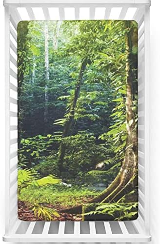 Mini-berço com tema da floresta tropical Folhas de berço, lençóis de berço portáteis lençóis de colchão de cama para meninos ou garotas ou berçário, 24 “x38“, marrom verde