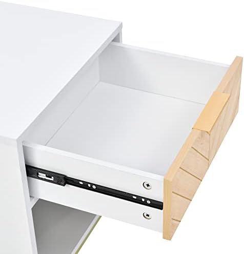 Mesa de cabeceira com estação de carregamento USB, moderno curto branco com gaveta de acabamento em madeira natural,