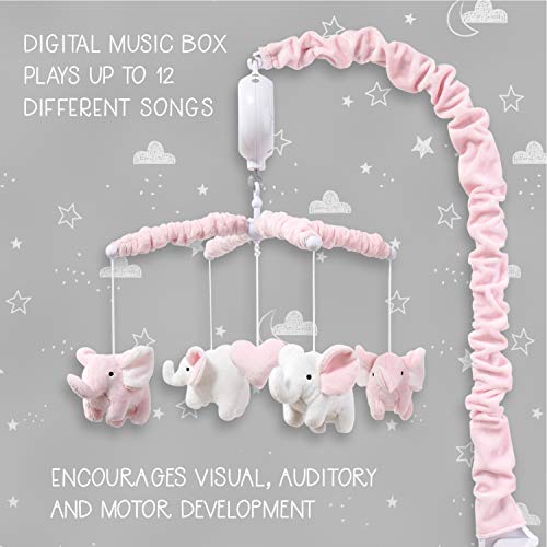 The Peanutshell Pink Elephant Musical Crib Mobile - Digital Music Box com 12 canções de ninar