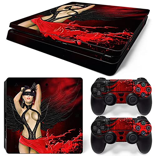 Zoomhitskins PS4 Slim Skin, compatível para PlayStation 4 Slim e Black Leather Red Girl Art Painting, 1 ps4 Slim Console Skin 2