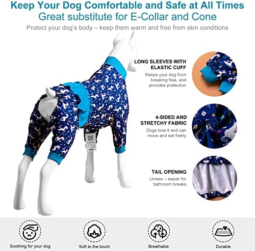 Pijama de férias de cachorro Lovinpet - camisa de cachorro unicórnio, pós -cirurgia de recuperação de recuperação, sereias e unicórnios azuis/brancos, pulôver leve pijama de cachorro grande, cão de cobertura completa PJS, azul xxl