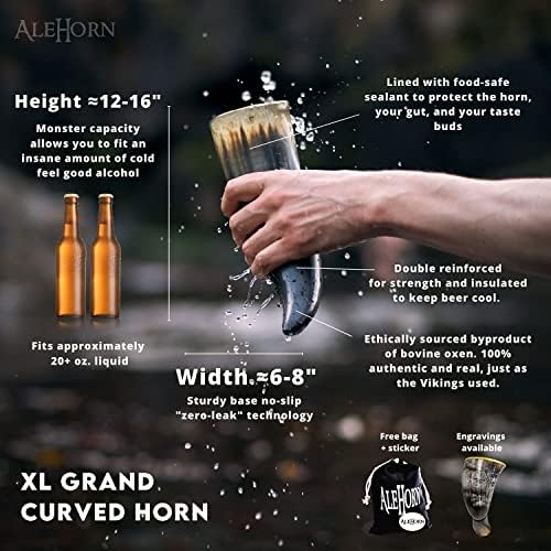 Alehorn Viking Horn Caneca com Stand - Tankard artesanal Copo para cerveja e café - Decoração Viking - Gravado 12 oz