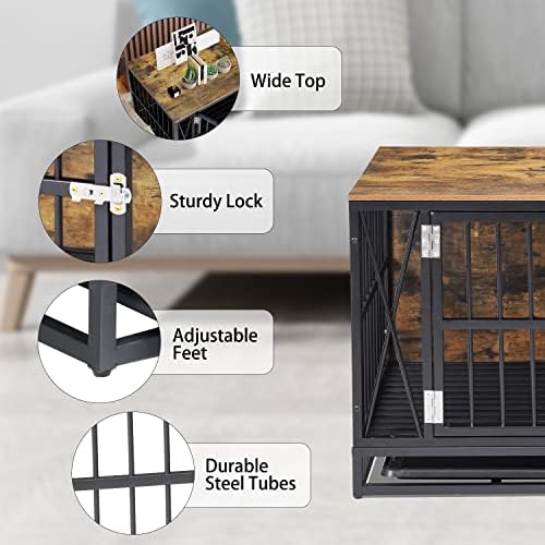 Móveis estilo cão de cães, mobília de caixa de cães pesados ​​com bandeja, mesa final decorativa na gaiola de animais, canil de cachorro de madeira com porta de travamento para uso interno