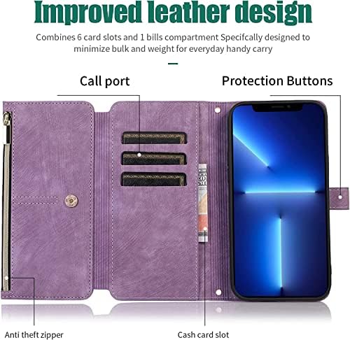 CASECASE DE SAWIDEE para iPhone 13 Pro Max/13 Pro/13/13 mini, capa de caixa de carteira de zíper de couro premium com capa de kickstand de slots de 9 cartas com correia de cinta de pescoço (cor: roxo, tamanho: 13 PR