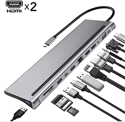 Houkai 12 em 1 USB C Laptop Docking Station Type-C para HDMI duplo compatível com HDMI/VGA/USB 3.0 Hub/PD/RJ/Micro-SD/TF Adaptador