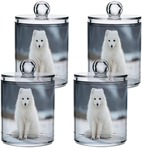 Yyzzh Beautiful White Arctic Fox Animal On Winter Snow 4 Pack Pack Qtip Dispenser para algodão Swab Ball Redond Pads Floss
