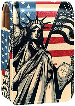 Caixa de batom com espelho vintage mapa americano estátua de Liberty Lip Gloss Holder Portable Batom Storage Box de maquiagem Mini bolsa de cosméticos de couro segura 3 batom de batom