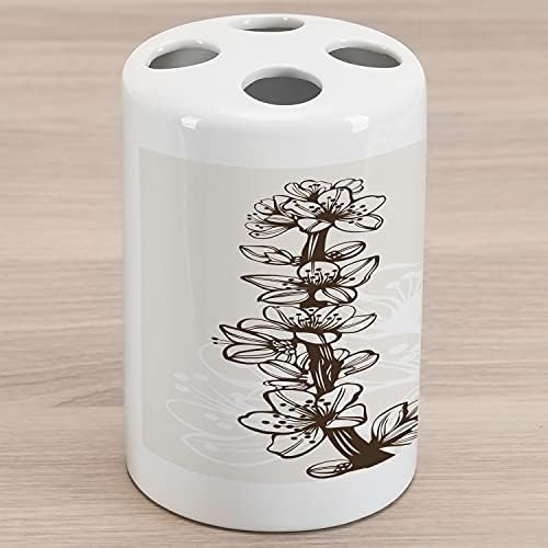Ambesonne Almond Blossom Ceramic Toothbrush Solder, design de flores do galho e pétalas desenhadas com fundo bege tonificado, bancada versátil decorativa para banheiro, 4,5 x 2,7, bege marrom escuro