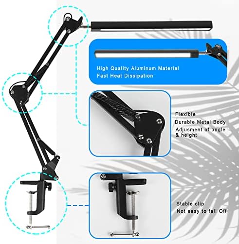 Luz da mesa, lâmpada de mesa de braço oscilante com grampo, 3 modos de cores 10 níveis de brilho, cordão de 79 polegadas, para o escritório em casa