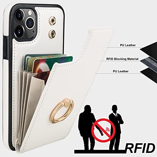 Folosu Compatível com o iPhone 11 Pro Max Case Carthe com suporte de cartão, 360 ° Rotação Ring Ring Porta de dedo Kickstand Protetor RFID bloqueando botões duplos de couro PU flip tampa à prova de choque de 6,5 polegadas