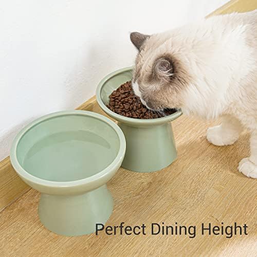 CEEFU 2 Tigela de comida de gato extra elevada extra, tigelas de gato de cerâmica para comida e água, prato de comida de gato raso