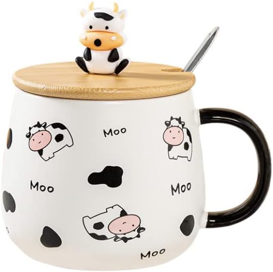 Copo da caneca de vaca com lidra e colher de prata Copos de vaca fofos canecas de café estamadas canecas de cerâmica caneca de