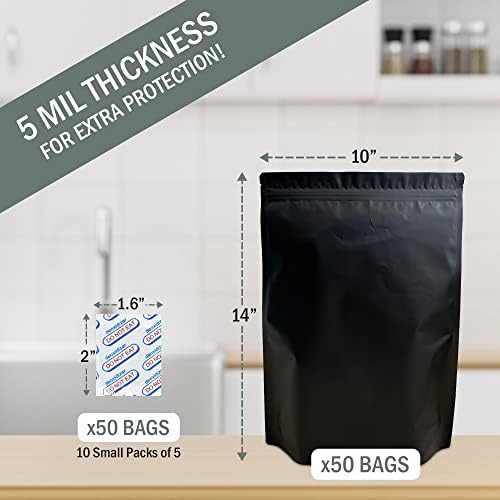 50 sacolas mylar mylar pretas foscas para armazenamento de alimentos com 5 mil de espessura com absorvedores de oxigênio 500cc + rótulos