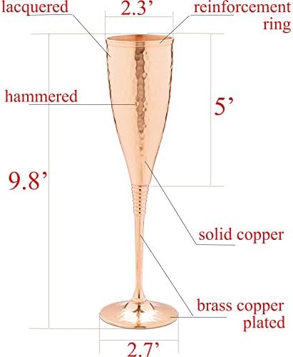 Flautas de champanhe de cobre de 6,7 onças de 2 - luxuosas taças de champanhe de cobre marteladas - cada uma é artesanal e lacada para evitar manchas.