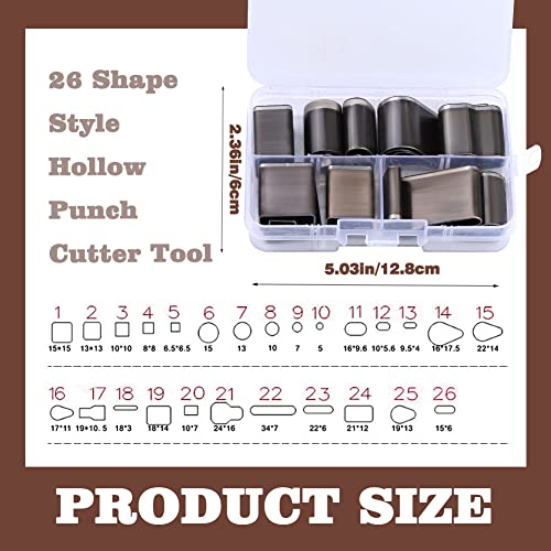 Ftyiwu 26 formas de estilo Curto de couro Ferramentas de perfuração, ferramentas de soco de furos de couro com soco de cortador de couro, ferramentas de cortador de couro para artesanato de couro artesanal