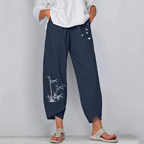 Calças de mistura de linho Kcjgikpok para mulheres, calças de linho de linho de cintura alta de perna alta com bolsos