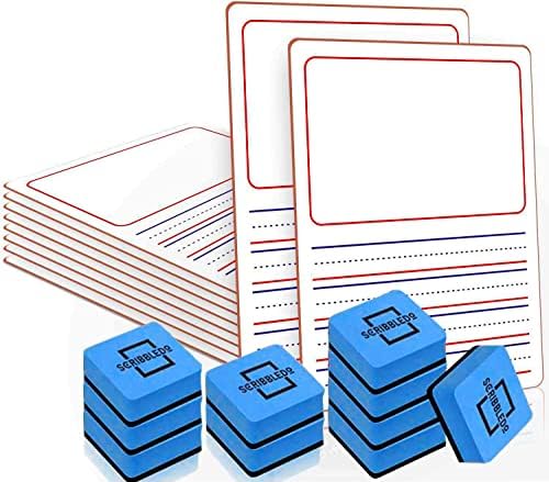 Pacote de 10 placas brancas de dupla face 9 ”x12” Placas de apagamento seco alinhadas para crianças Escrevendo o quadro de 2-4