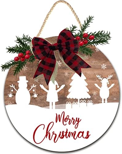 Feliz Natal de boas -vindas SIGN Farmhouse Wooden Holding Sign com Buffalo xadrez arco de xadrez Artificial Berries Rússico