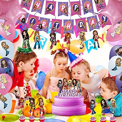 58 PCS Girls Doll Birthday Party Decoration, Rainbow High Dolls Birthday Party Supplies incluem banner de aniversário, topper de bolo, tampo de cupcake, balão de látex, redemoinho, balão de papel alumínio para suprimentos para festas infantis