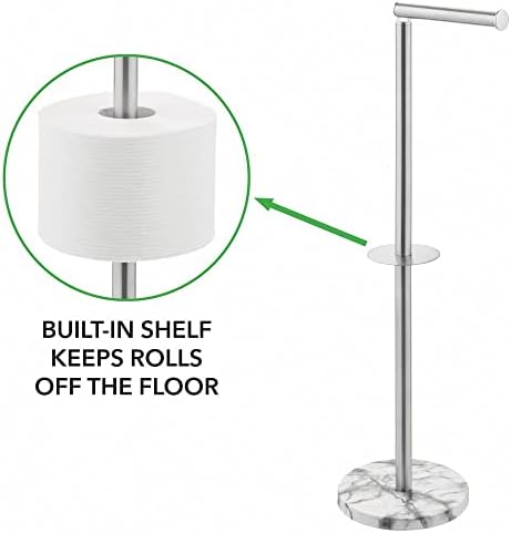 Mdesign Steel Standing Modern Toilet Paper Solter, Dispensador de tecidos do banheiro Stand para Organização de Armazenamento de Banheiro - Roldes Mega Rolls - Coleção Xene - Marmore/Cromo escovado
