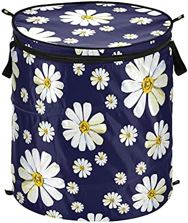 Camomila branca Floral Pop Up Laundry Horty com tampa dobrável cesta de armazenamento Bolsa de lavanderia dobrável para a organização