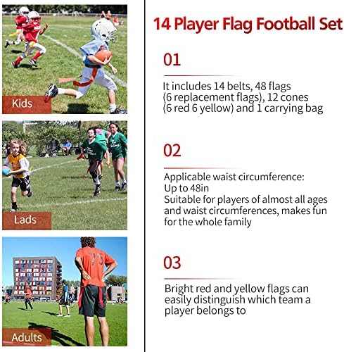 Conjunto de futebol de bandeira, inclui 14 cintos, 48 ​​bandeiras, 12 cones e 1 bolsa de transporte, correias de futebol e bandeiras de 14 jogadores, cena de rasgo de fácil para crianças ou adultos
