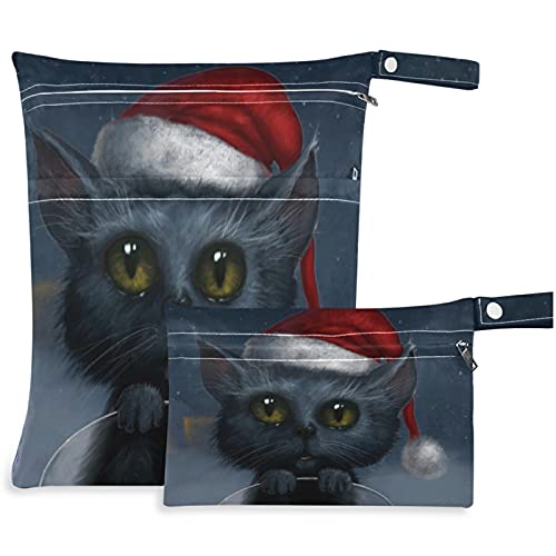 VISESUNNY Feliz Natal Cat preto com chapéu 2pcs bolsa molhada com bolsos com zíper para fraldas salateadas reutilizáveis ​​para