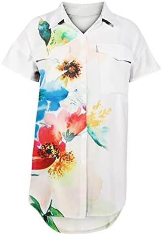 Camisetas T Women Casual Casual Floral Slave curta Cardigã Túdos de túnica V Botão de pescoço para baixo Blusa solta com bolso
