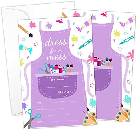 Houspeak Purple Paint Craft Birthday Invitation Cartões de preenchimento com envelopes ， Art Party Supplies for Kids, Adolesces ou qualquer idade para meninos e meninas - A14