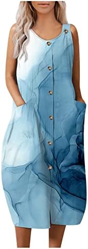 Vestidos dopocq para mulheres Summer Floral Printing Crew pescoço vestido de linho ajustável de pescoço com bolsos