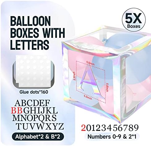 TCWLYFC Caixas para bebês com cartas - caixas de bloqueios de cartas com 65 letras e números, 5 caixas de balão de prata de arco -íris