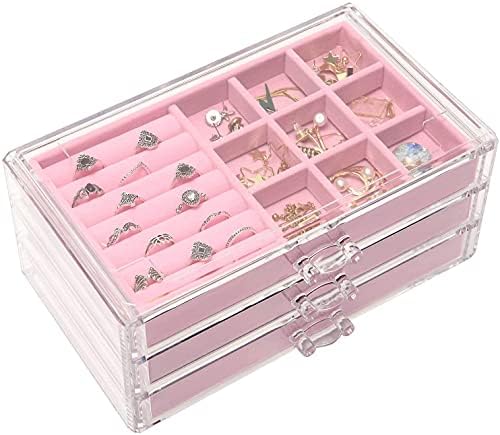 Lokoc Storage Box Box Box Jewelry Storage Organizador com 3 gavetas para mulheres e meninas Casa de armazenamento de jóias claras
