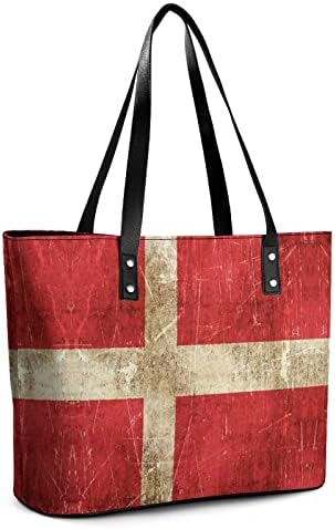 Bolsa de bandeira dinamarquesa envelhecida e arranhada vintage, bolsas de couro grandes de bolas de couro com zíper para mulheres
