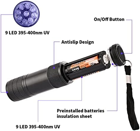 Yikosam 10 PCs UV lanternas de luz preta, 9 LED 395-400nm Mini Blacklight Handheld tocha portátil Detector de urina para animais de estimação para percevejos, cabelos, urina de gato de cachorro e manchas de manchas incluídas incluídas incluídas