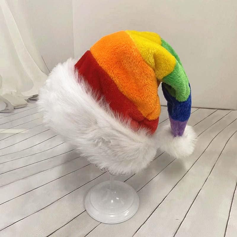 Holidazy Rainbow Santa Hat 2022- Confortável chapéu de Natal Fuzzy Papai Noel | Férias confortáveis ​​para chapéus de Natal de Papai