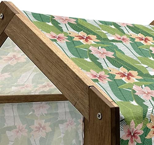 Ambesonne Floral Wooden Pet House, Exótico padrão botânico de estilo havaiano para férias de céu tropical e paraíso, canil portátil de cão portátil interno e externo com travesseiro e cobertura, grande, multicolor