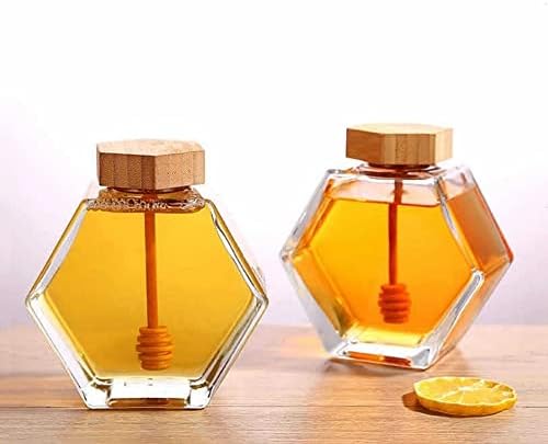 Palha de 220 ml/380 ml de vidro hexagonal mel garrafa de mel transparente com jarra com haste de madeira selando panela de mel