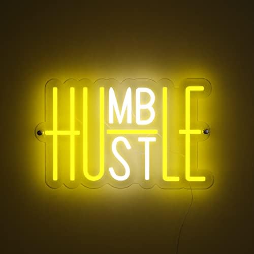 Marca Americana Premium | Antigo sinal de néon de néon “Humled Hustle” | Luzes LED seguras de acrílico, branco e amarelo