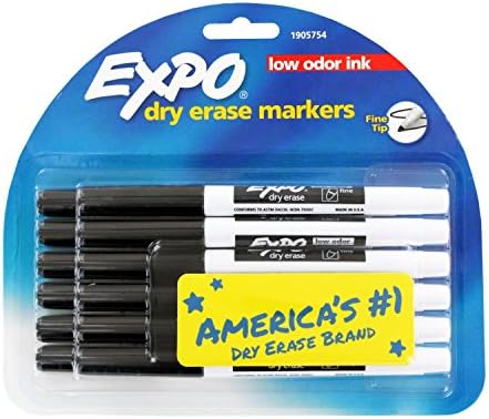 Expo Baixa odor Atração a seco Marcadores, ponto fino, tinta preta, pacote de 12