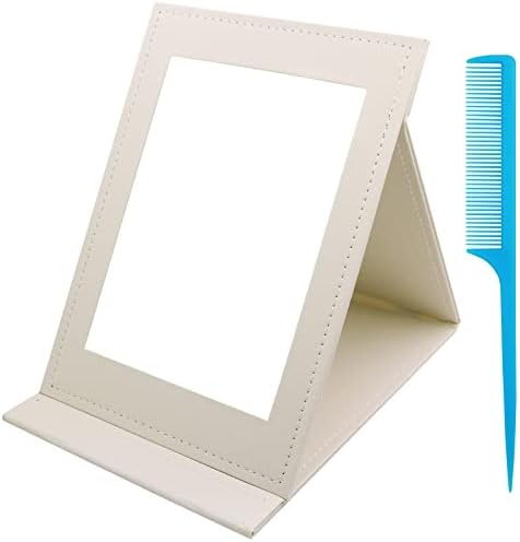 Espelho de vaidade dobrável portátil do NutAir, espelho de maquiagem de mesa com suporte ajustável, espelho de viagem de couro PU, branco, médio