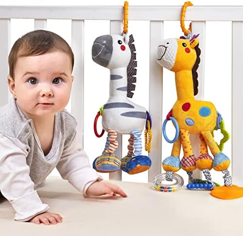 Brinquedos pendurados para bebês tumama, animais de pelúcia de 16 polegadas bebês chocalhos de brinquedos grisalhos de brinquedos de carro, brinquedos para bebês por 0 3 6 9 12 meses, presente de brinquedos de aprendizado sensorial para recém -nascido, 2 pacote de 2 pacote