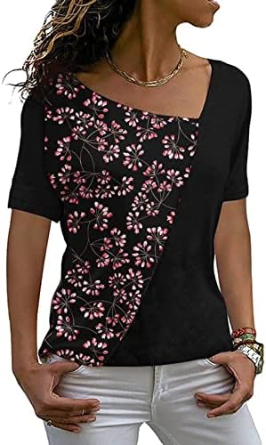 Camisa superior para mulheres outono verão 2023 manga curta vil de algodão de pescoço de pescoço impressão de flor de flor casual