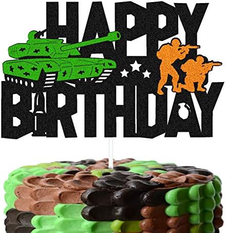 Bolo de tanque Topper Feliz Aniversário Sign Decorações de bolo para crianças menino menina soldado camuflagem Exército CAMO CAMO