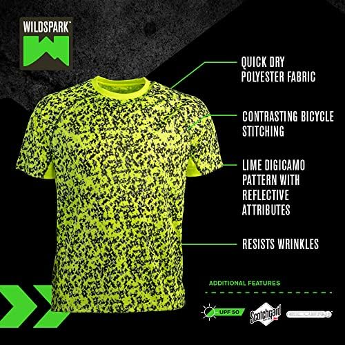 WildSpark Men's Reflexive Digicamo Performance Alta Visabilty Treino Camisa de Manga Curta UPF 50+ Proteção Sol - Lime/Preto